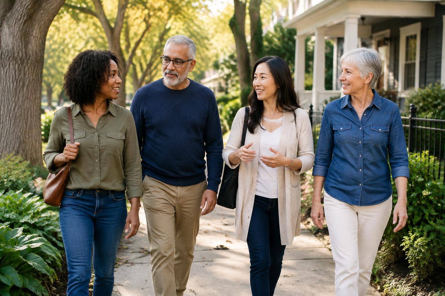 A diverse group of adults walking and talking in a residential neighborhood