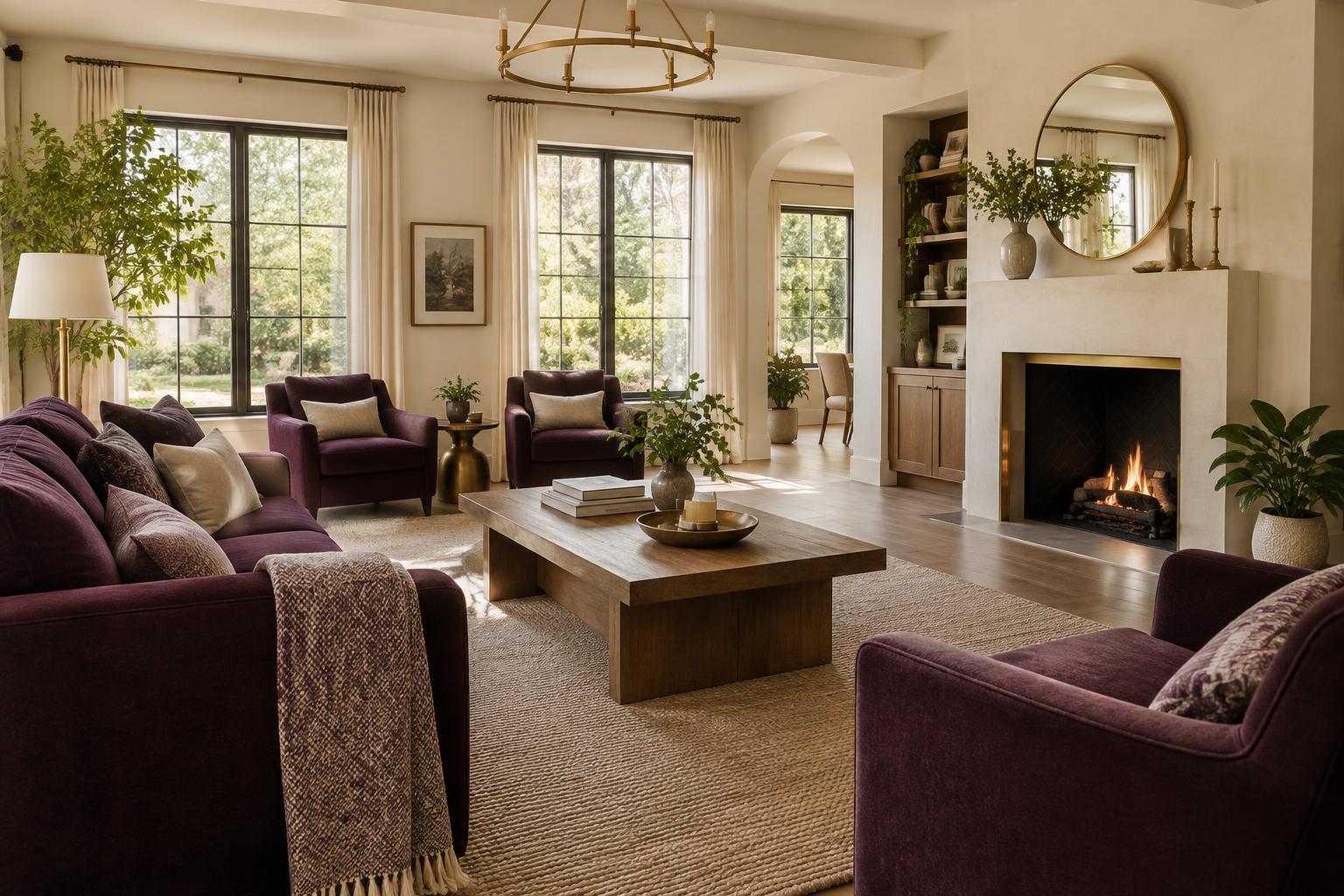 A warm shared residential living room with comfortable plum seating